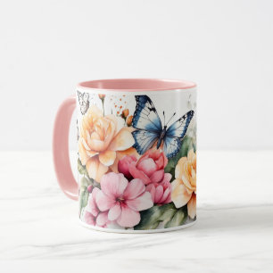 Taza Acuarela Romántica Flor de Mariposa Rosa