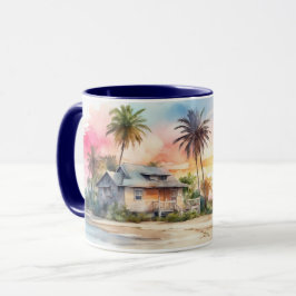 Taza Acuarela Romántica playa de atardecer y tafetán