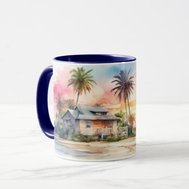 Taza Acuarela Romántica playa de atardecer y tafetán (Anverso izquierdo)