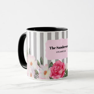 Taza Acuarela Rosas Blancas Rosa Suave Rayas Grises