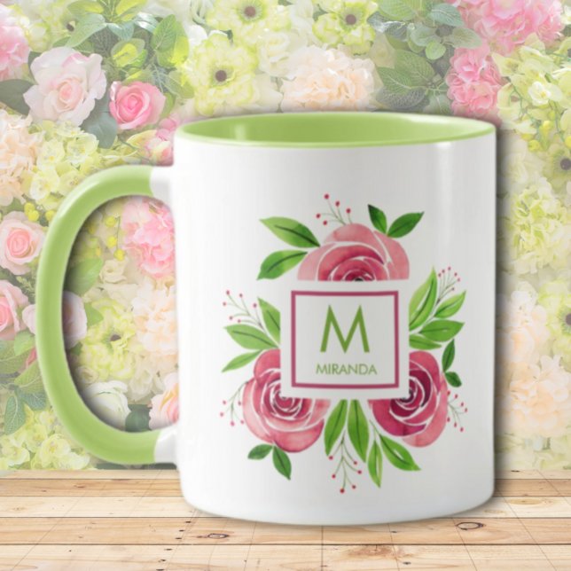 Taza Acuarela Rosas de color rosa caliente Monograma de (Subido por el creador)