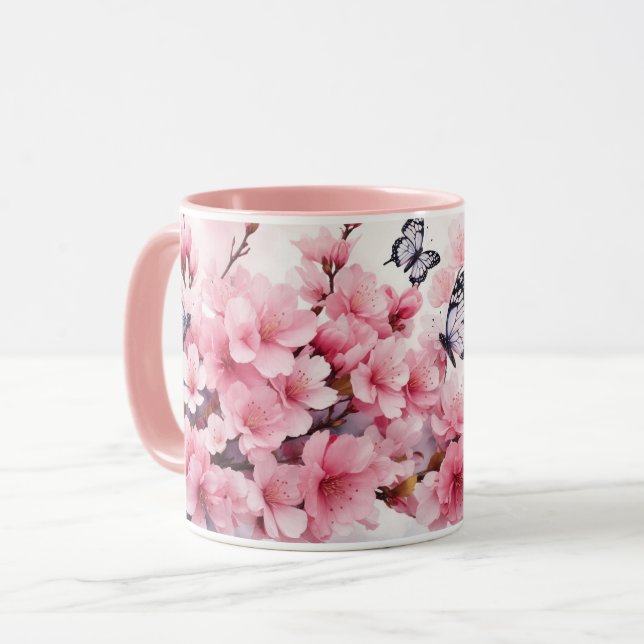 Taza Acuarela Sakura cerezo Blossom mariposas Mug (Anverso izquierdo)