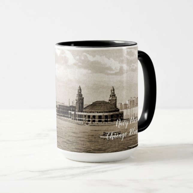 Taza Acuarela SEPIA ART de Marina Pier Chicago 1920 (Anverso derecho)