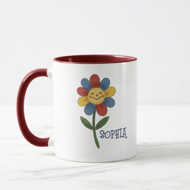 Taza Adorable Custom Name Happy Flower Kids (Izquierda)