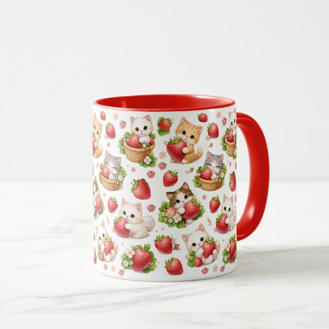 Taza Adorable Kittens and Strawberries Ceramic Mug (Anverso derecho)