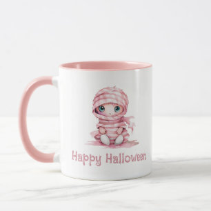 Taza Adorable Momia Rosa y Blanca Feliz Halloween