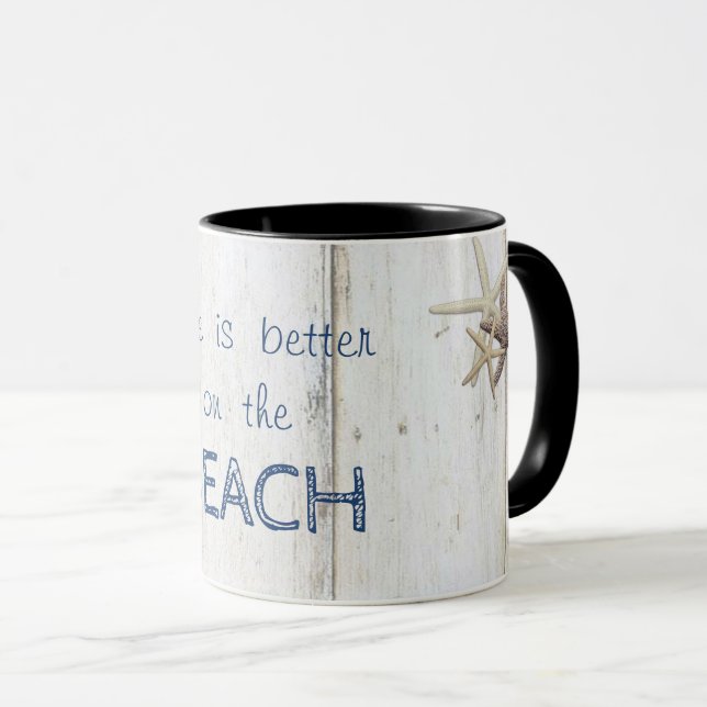 Taza Adorable textura de madera, estrella de mar, playa (Anverso derecho)
