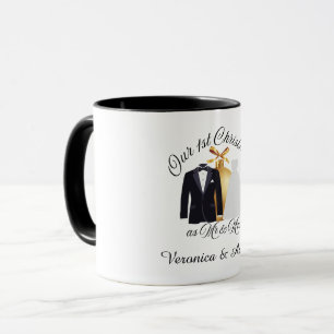 Taza Adorno Dorado Esmoquin y Vestido Nuestro 1er Navid