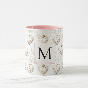 Taza Adornos de Monograma de Corazón Rosa Blanco Chic