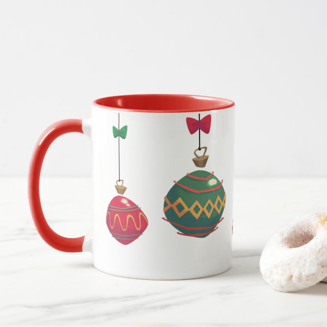 Taza Adornos Navideños Retro Rojo y Verde (Con donut)