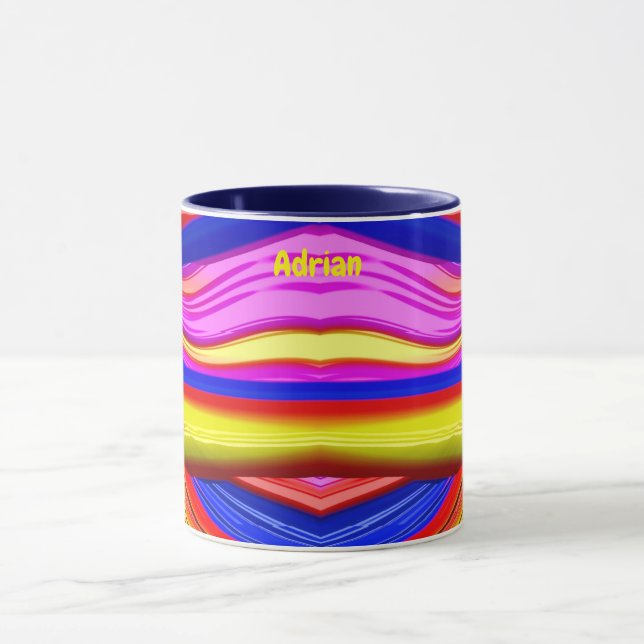 Taza ADRIAN ~ Zany 3D Fractal ~ rosa, amarillo y azul (Centro)