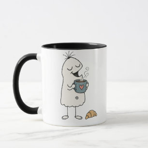 Taza Aesthetic Cozy Character Drinking Coffee & Croissa