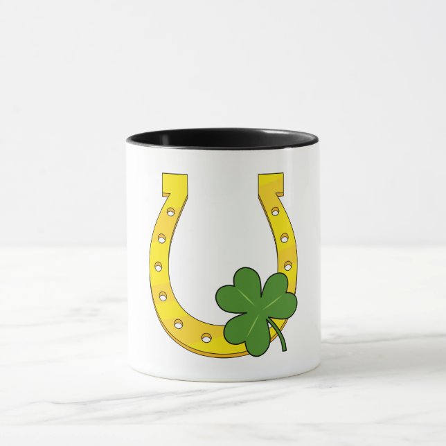 Taza Afortunada Herradura Dorada con Shamrock on White (Centro)