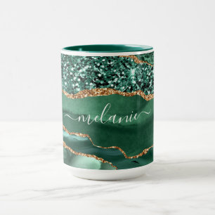 Taza Agate Green Gold Purpurina Marble Custom Name Mug