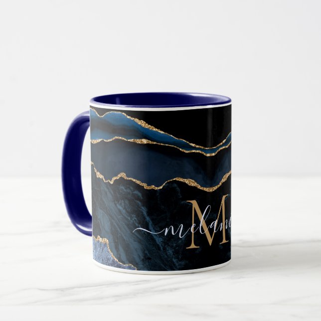 Taza Agate Navy Blue Gold Gemstone Marble Monograma (Anverso izquierdo)