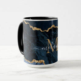 Taza Agate Navy Blue Gold Monograma Nombre Mug