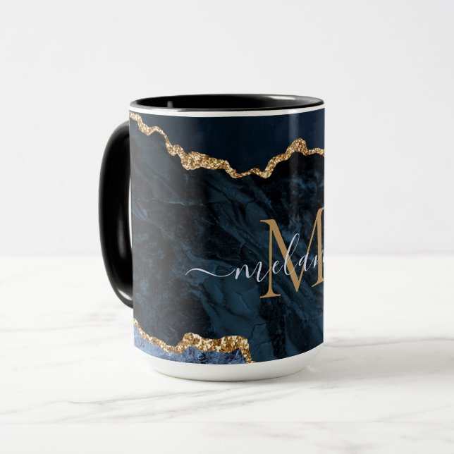 Taza Agate Navy Blue Gold Monograma Nombre Mug (Anverso izquierdo)