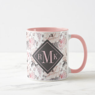 Taza Agregar su monograma Patrón rosa y gris clásico