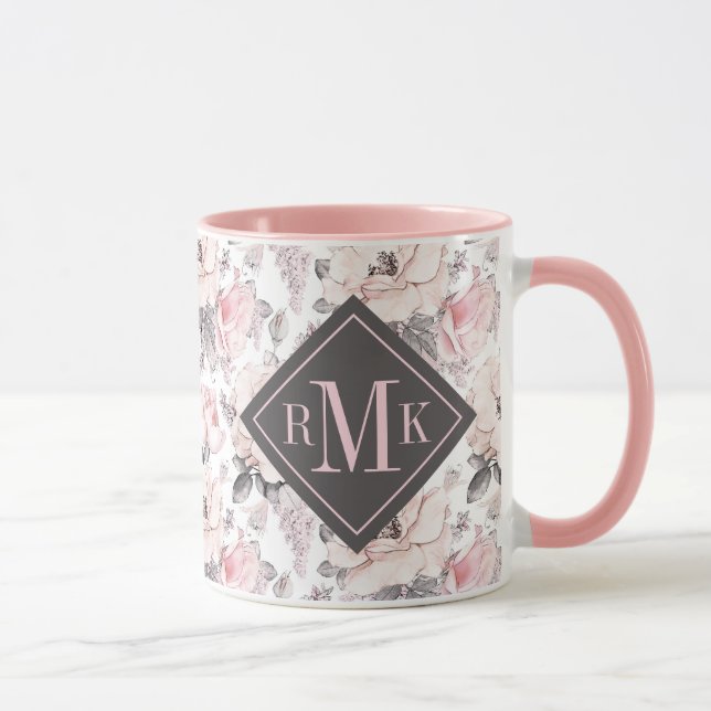 Taza Agregar su monograma| Patrón rosa y gris clásico (Derecha)