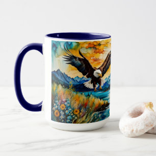 Taza Águila calva río flores silvestres al atardecer