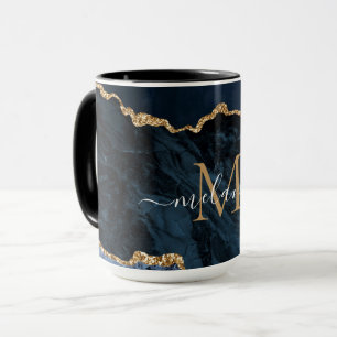 Taza Agy Navy Blue Gold Marble Letra Mug Gift