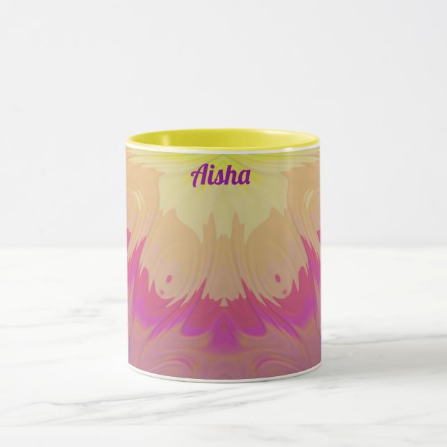 Taza AISHA ~Zany 3D Fractal ~ Rosa Morado Azul Amarillo (Centro)