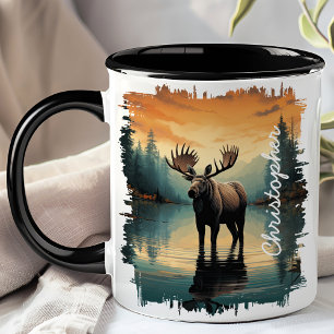 Taza Alce en la reflexión del lago al amanecer