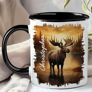 Taza Alce en la reflexión del lago brumoso