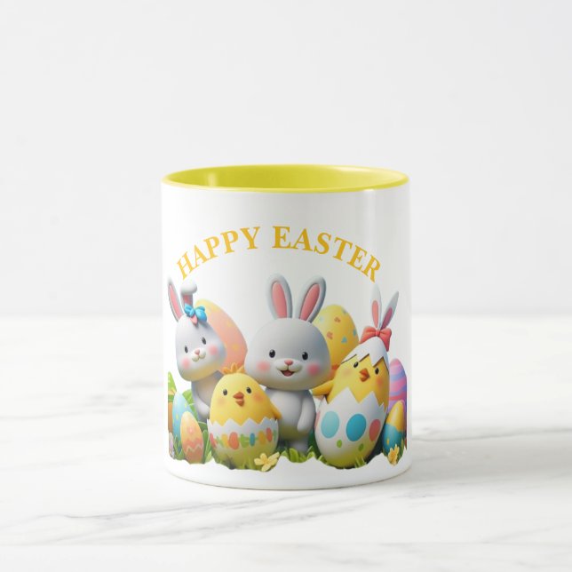Taza Alegres amigos de huevos de pascua de conejo y pol (Centro)
