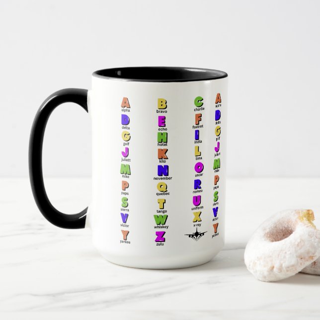 Taza Alfabeto fonético de la OTAN, colorido (Con donut)