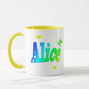 Taza Alicia, Chicas Nombra Logo Con Corazones,