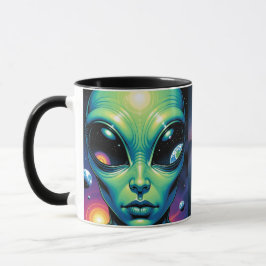 Taza Alien Face con planetas reflexiones en los ojos