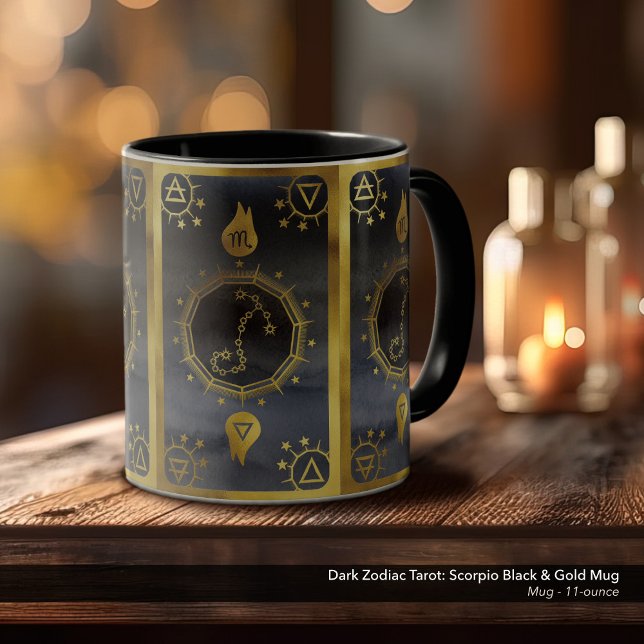 Taza Alquimia zodiaca oscura: negro escorpión y oro (Dark Zodiac, Tarot, and Alchemy Mug: Scorpio in Black & Gold)