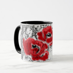 Taza Amanecer bolígrafo mano dibujada flores amapolas r