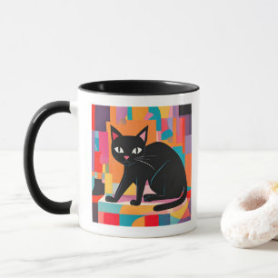 Taza Amante del gato, línea geométrica colorida