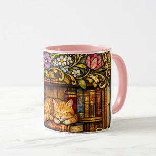 Taza Amantes de Libros y Gatos Durmiendo Falso Vidrio T