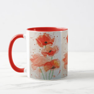 Taza Amapolas Rojas Brillantes Acuarela Flor Floral