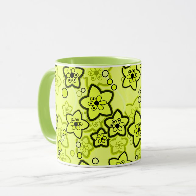 Taza Amarillo con patrón floral de neón brillante negro (Anverso izquierdo)