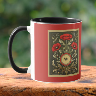 Taza Amarillo Rojo Dorado Amapolas Vintage Monograma Ar