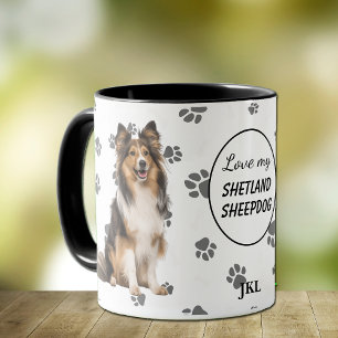 Taza Amo la huella de mi perro pastor de Shetland