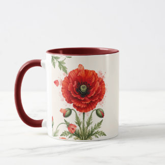 Taza Amonograma floral de amapola roja en acuarela con