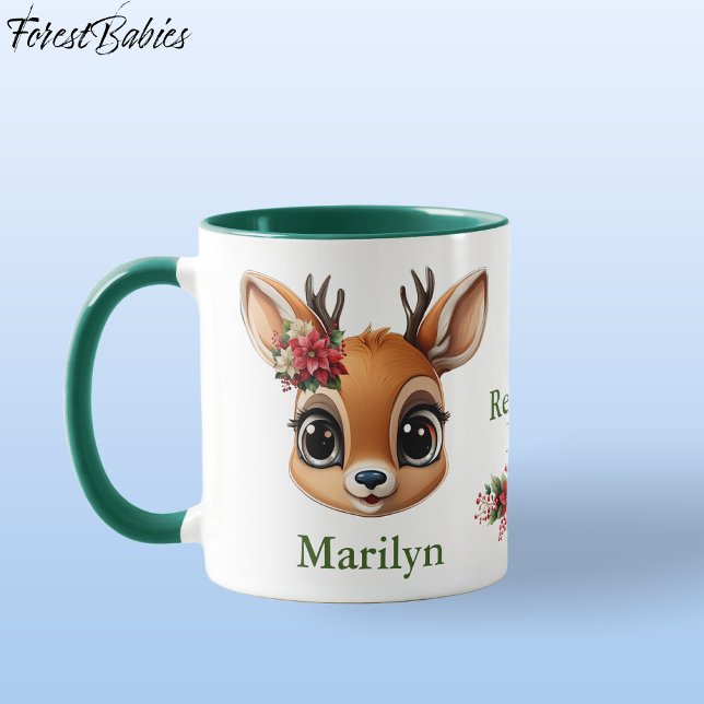 Taza Amor a los renos florales, venado de Poinsettia, a (Custom Deer, Floral Fawn, Doe Antler, Reindeer Love Poinsettia Flowers Green ForestBabies Mug 🦌🎄)