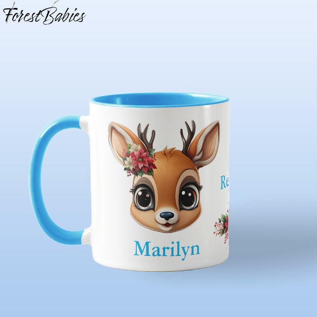 Taza Amor al reno, ciervo floral, Fawn Doe Poinsettia � (Custom Deer, Floral Fawn, Doe Antler, Reindeer Love Poinsettia Flowers Blue ForestBabies Mug 🦌)