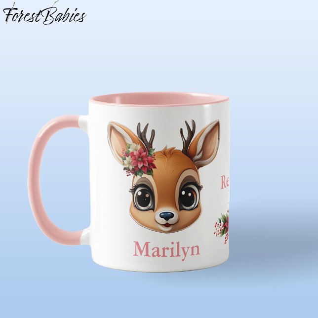 Taza Amor al reno, venado de flores de Poinsettia, alba (Custom Deer, Floral Fawn, Doe Antler, Reindeer Love Poinsettia Flowers Pink ForestBabies Mug 🦌🎄)