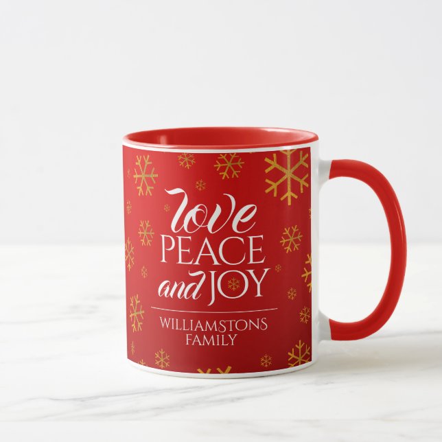 Taza Amor rojo festivo, paz y alegría con copos de niev (Derecha)