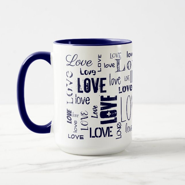 Taza AMOR! Texto azul tipográfico (Izquierda)