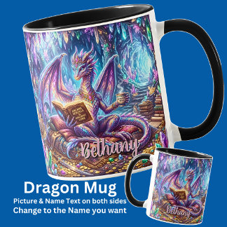 Taza Añadir Nombre Dragón de Fantasía con Libro & Café