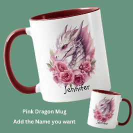 Taza Añadir nombre, dragón rosa con flores