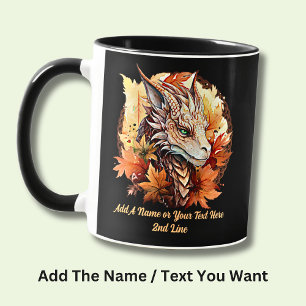 Taza Añadir nombre o texto, dragón con hojas otoñales