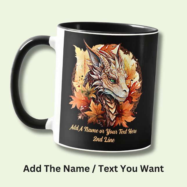 Taza Añadir nombre o texto, dragón con hojas otoñales (Subido por el creador)